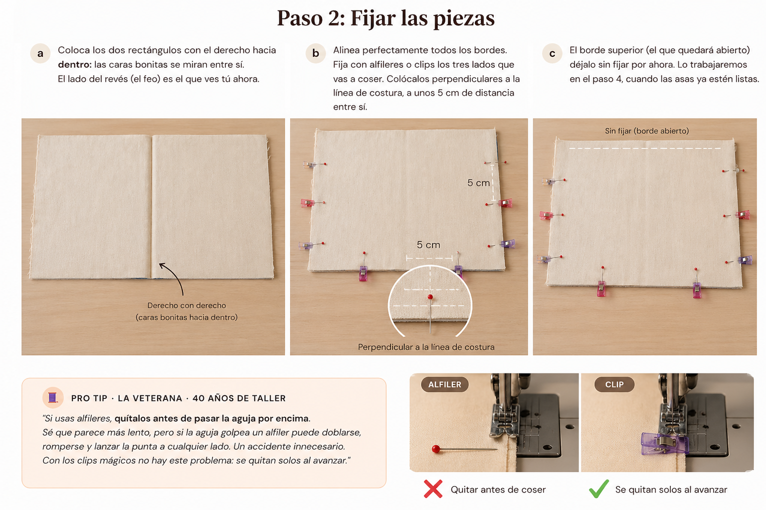 Paso 2 — Fijar las piezas con alfileres o clips