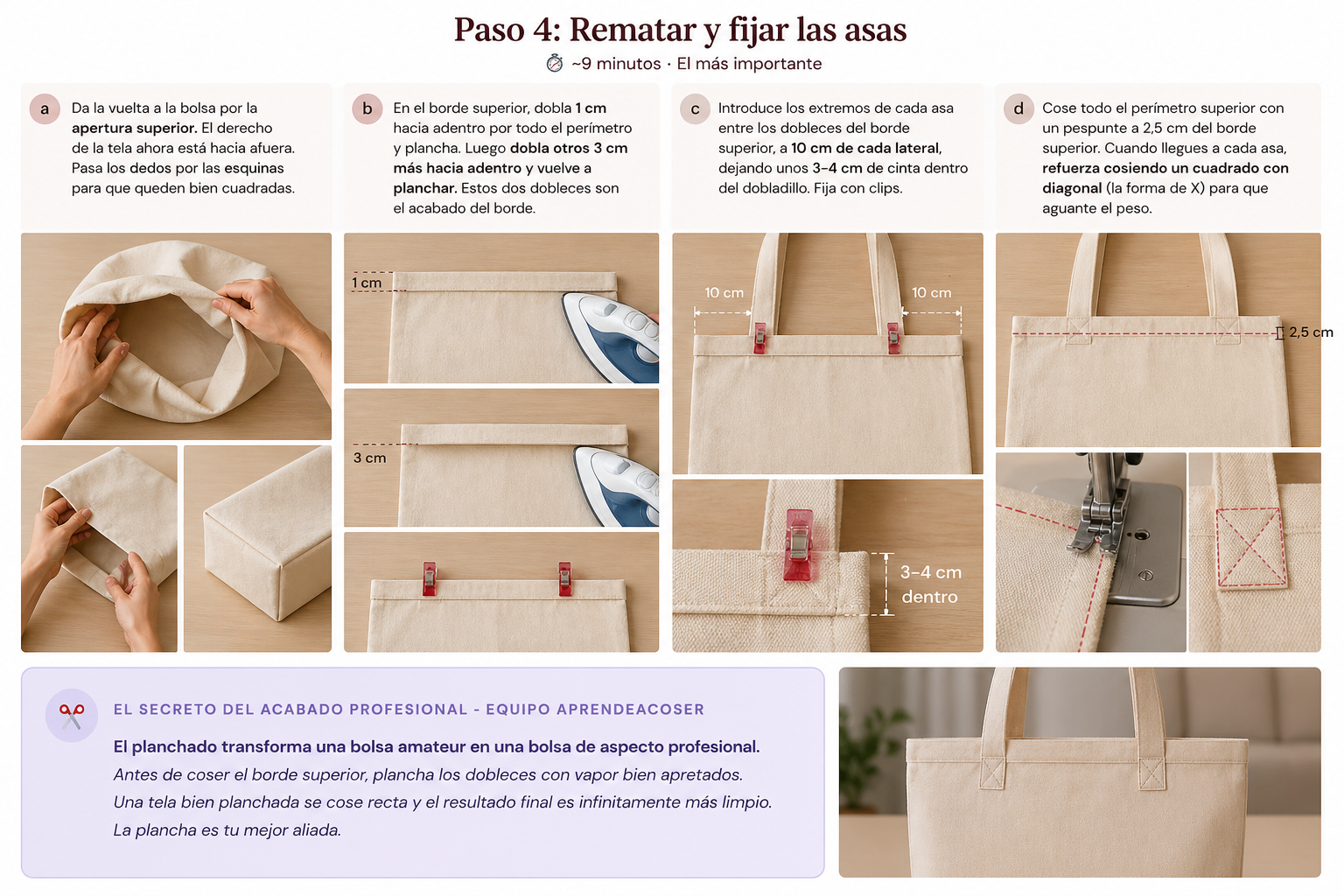 Paso 4 — Rematar el borde y fijar las asas del tote bag