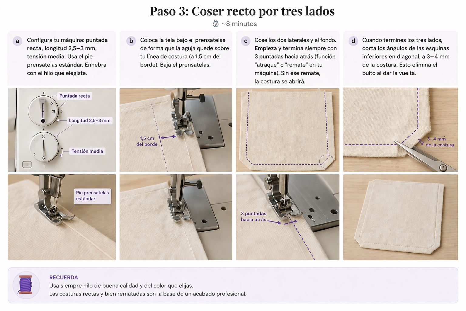 Paso 3 — Coser recto los tres lados del tote bag
