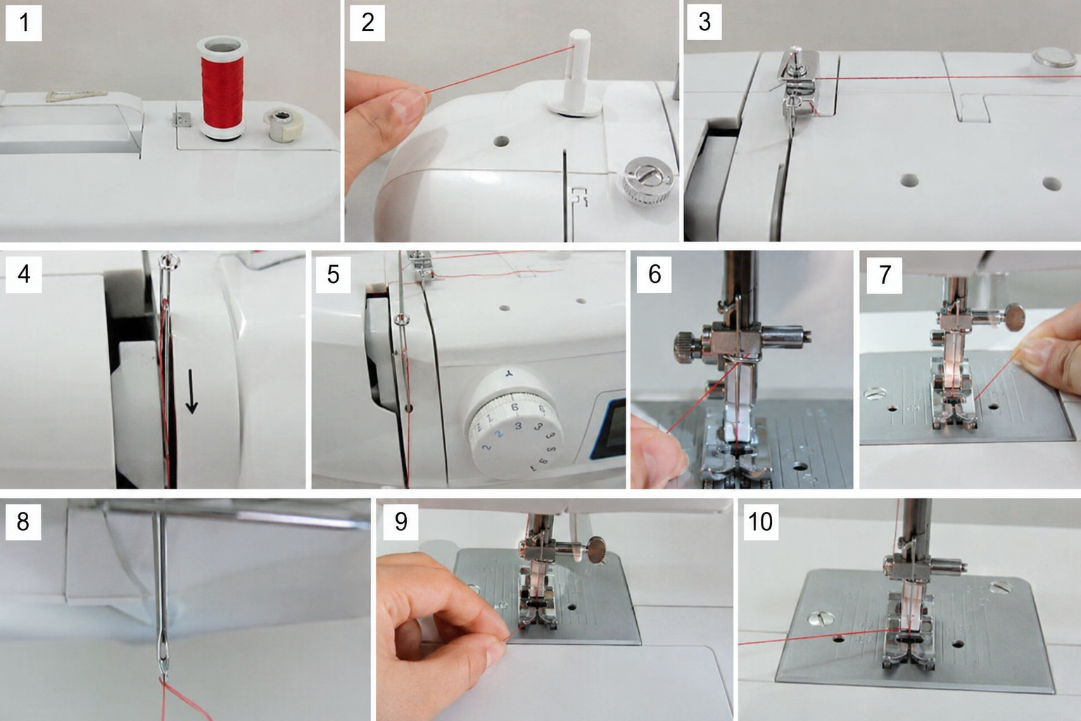 Enhebrado correcto de máquina de coser paso a paso
